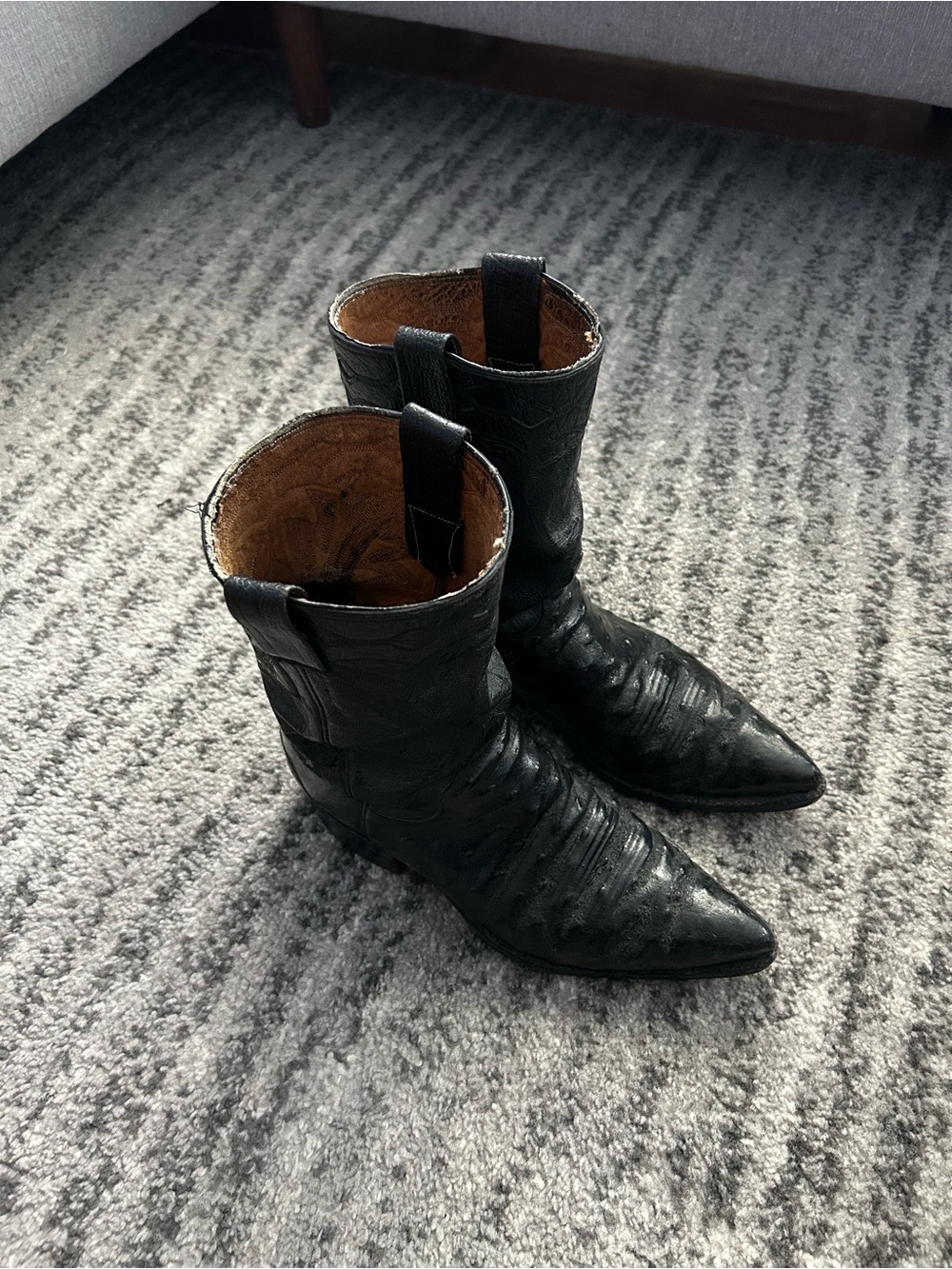 Vintage Cowboy Boots Black Pointed Toe Ostrich